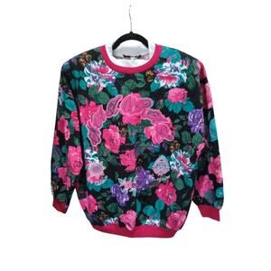 Vintage Carlton Fashions Sweatshirt Women's Size 24W Black Pink Floral Graphic